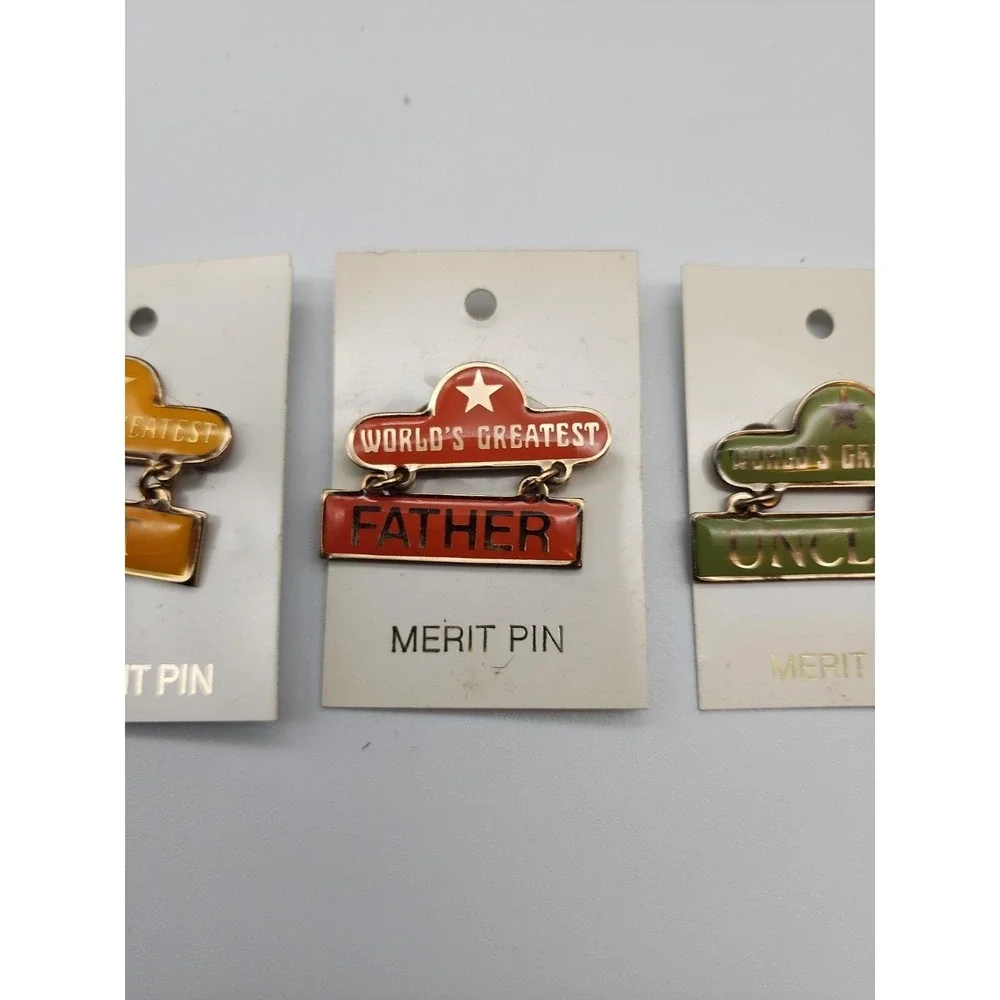 3 World's Greatest Father Aunt Uncle Dangle Pin‎ Gold Tone Enamel Vintage 1978